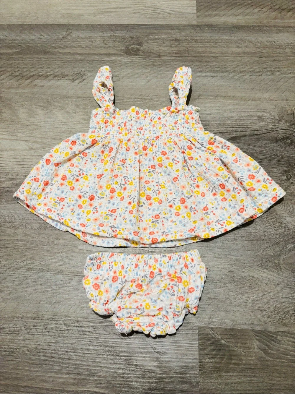 Rabbit Bear Floral Baby Sundress & Bloomers - White with Yellow & Pink Flowers